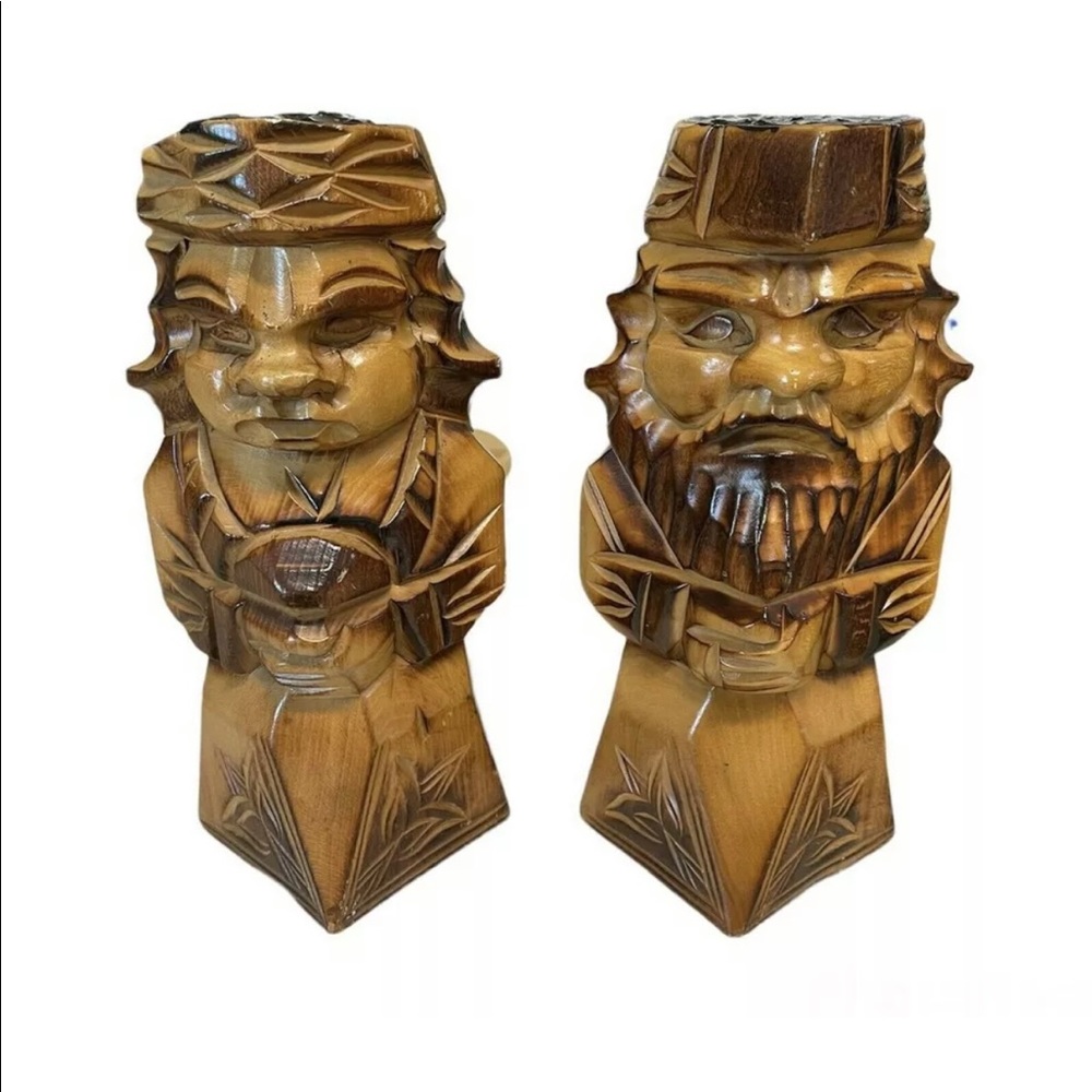 Japanese‎ Kokeshi Ainu Wooden Hand Carved Statue Pairs Man Woman Oriental Set 2
